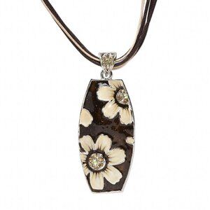 Austrian Crystal Enameled Flowers Tapered Rectangle Cotton Cord Pendant Necklace
